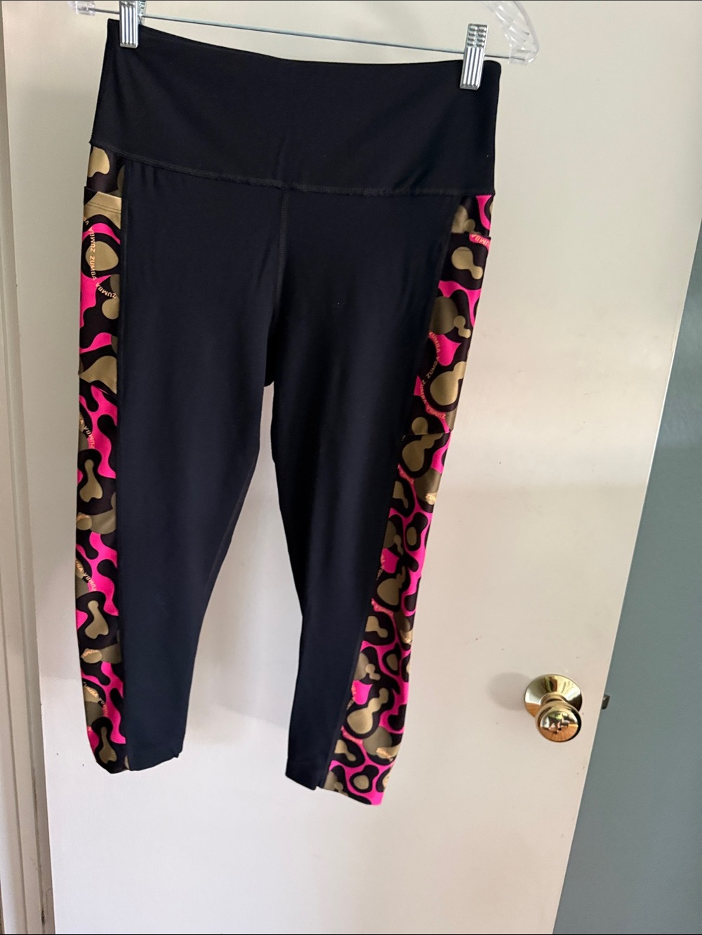 Zumba Fitness Black Leggings with Pink and Gold Camouflage Side Stripe